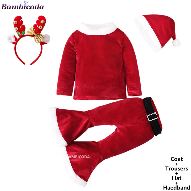2025 Christmas Santa Claus Outfit Newborn Clothing Sets Winter Fleece Tops+Pants+Hats Baby Girls Clothes Costume Xmas