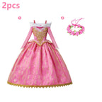 Kids Aurora Dress Cosplay Princess Dress Long Sleeve Sliding Shoulder Cake Dress Pink Girls Carnival Party Evening Dress
