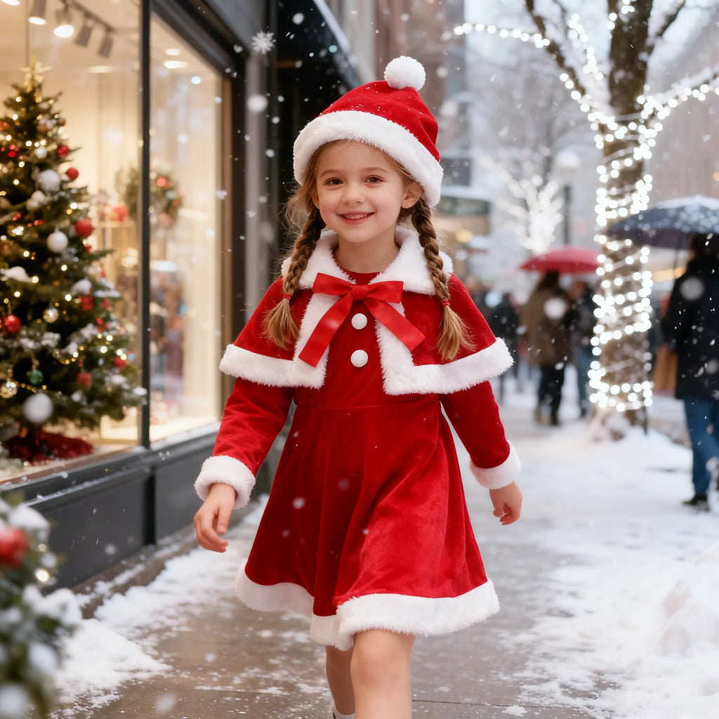 Christmas Baby Clothes Kids Santa Claus Costume Girls Long Sleeve Red Dresses with Cape Toddler Girl Dress Infant Winter Outwear