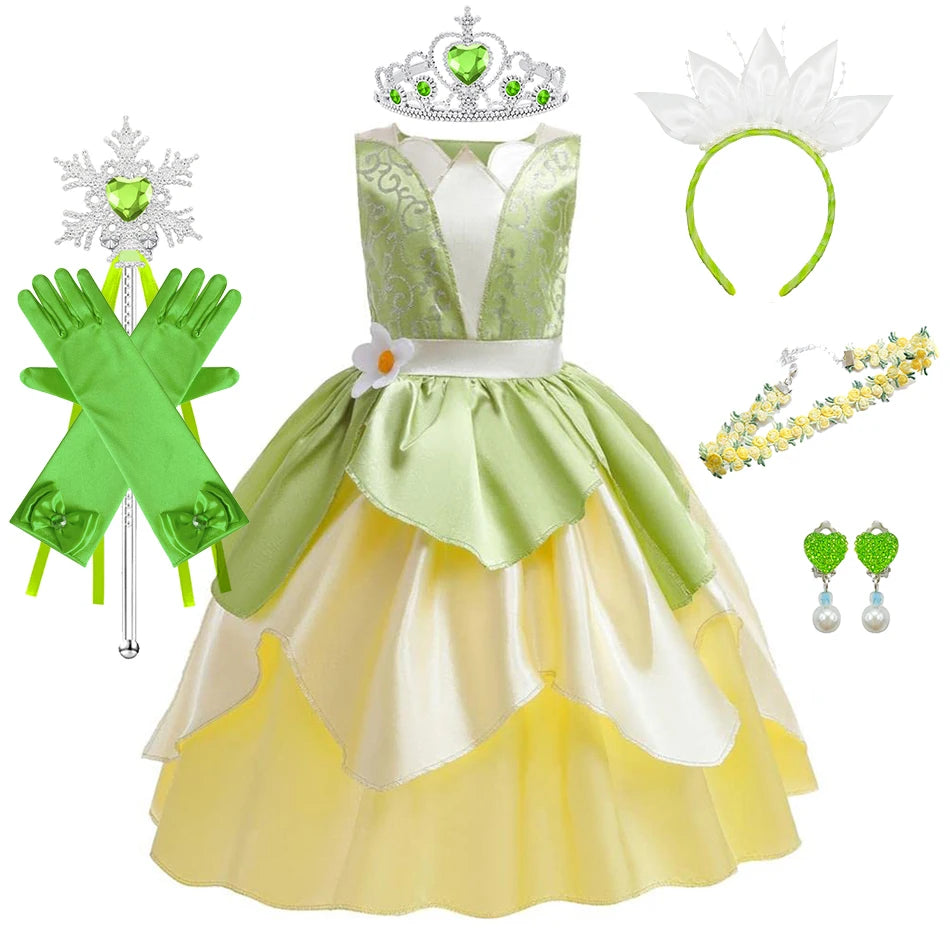 Tiana Costume Girls Cosplay Princess Dress Up Children Carnival Party Vestidos Kids Green Sleeveless Elegant Dresses