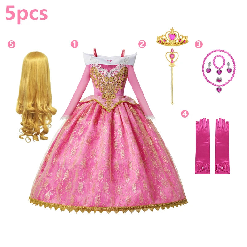 Kids Aurora Dress Cosplay Princess Dress Long Sleeve Sliding Shoulder Cake Dress Pink Girls Carnival Party Evening Dress