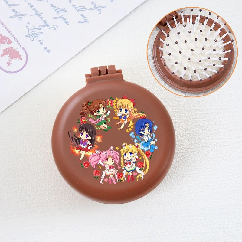 Sailor Moon Anime  Mini Folding Hair Brush with Mirror Portable Travel Comb for Women Lightweight Outdoor Use Hand Washable Gift
