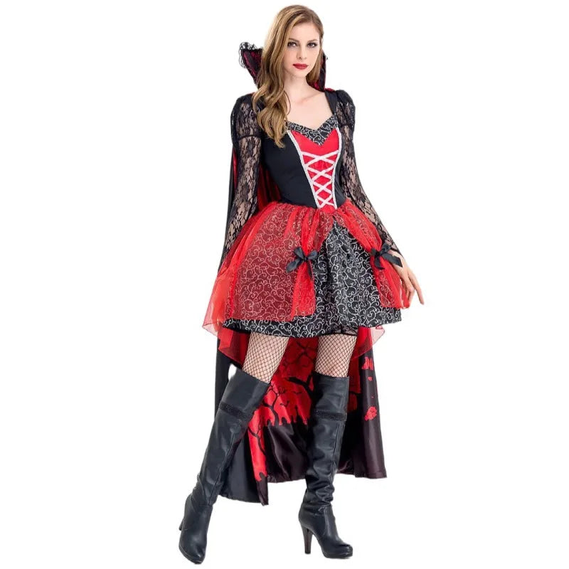 Witch Red Lace Long Sleeve Dress Women's Medieval Retro Vampire Demon Queen Cosplay Costume Holiday Party Performance Clothes