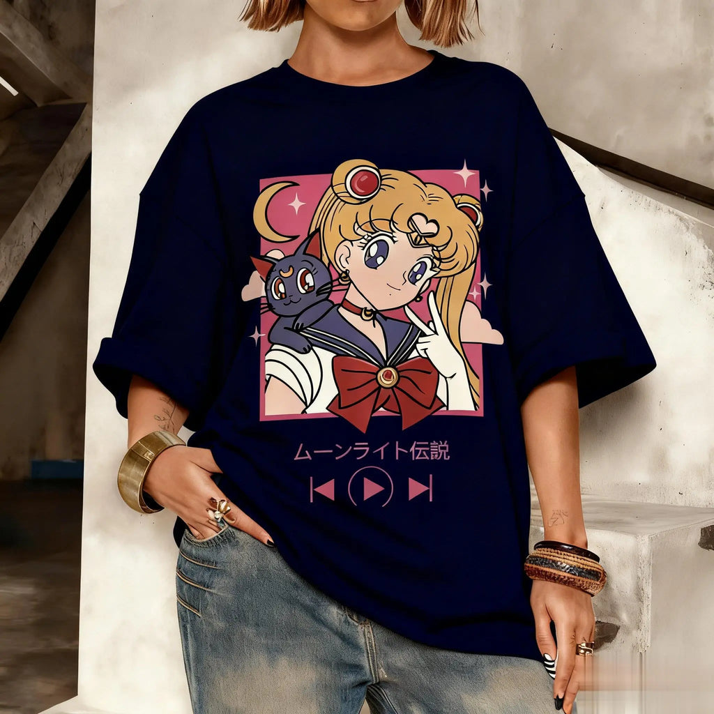 2026 New Year's New Street Wear Kawaii Sailor Moon Pattern T-shirt Men's and Women's Printed Summer Fashion Y2k Clothing