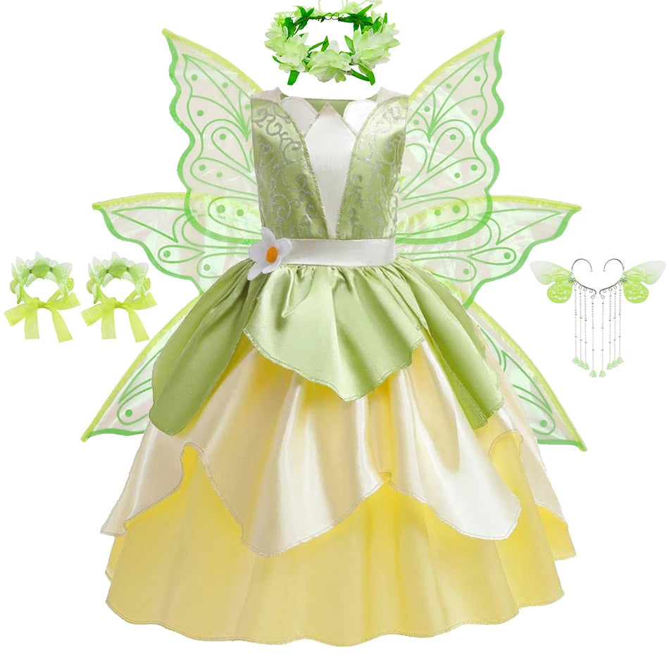 Tiana Costume Girls Cosplay Princess Dress Up Children Carnival Party Vestidos Kids Green Sleeveless Elegant Dresses