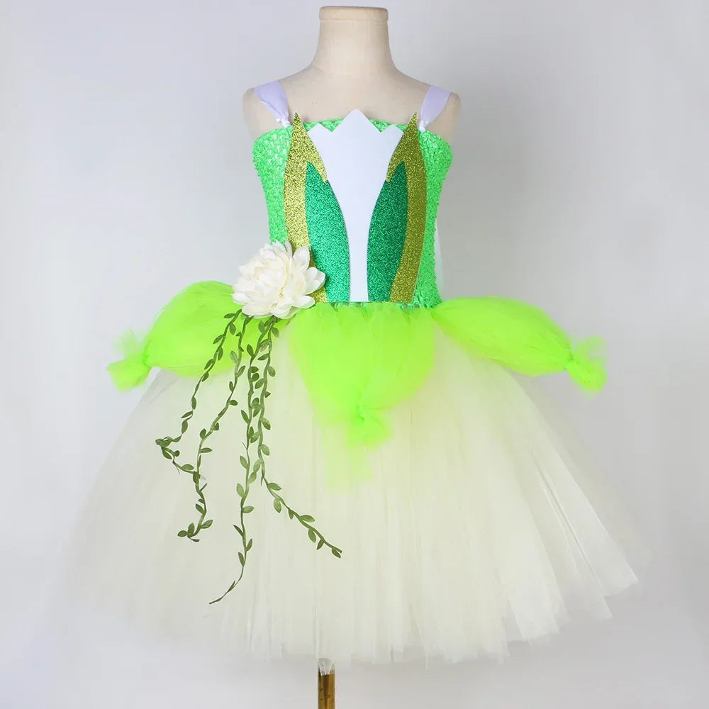 Princess Tiana Costume for Girls 3 Layers Flowers Tulle Tutu Dresses Ball Gown Toddler Kids Halloween Birthday Party Dress Up
