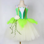 Princess Tiana Costume for Girls 3 Layers Flowers Tulle Tutu Dresses Ball Gown Toddler Kids Halloween Birthday Party Dress Up