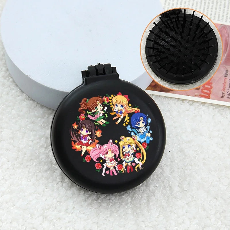 Sailor Moon Anime  Mini Folding Hair Brush with Mirror Portable Travel Comb for Women Lightweight Outdoor Use Hand Washable Gift