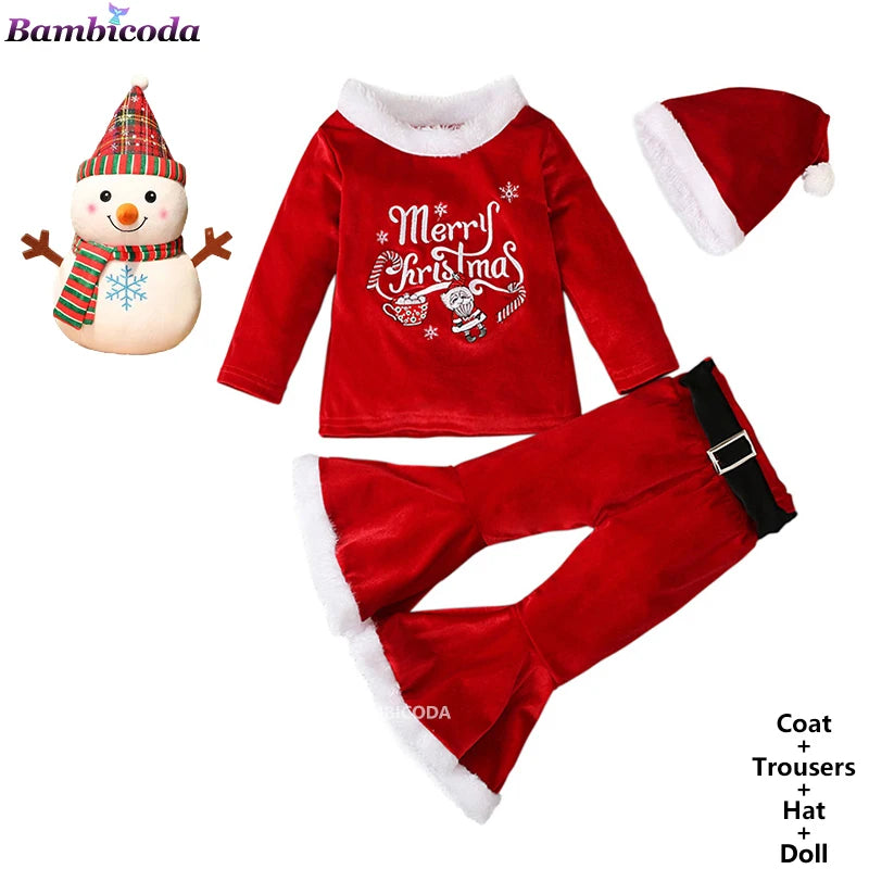 2025 Christmas Santa Claus Outfit Newborn Clothing Sets Winter Fleece Tops+Pants+Hats Baby Girls Clothes Costume Xmas