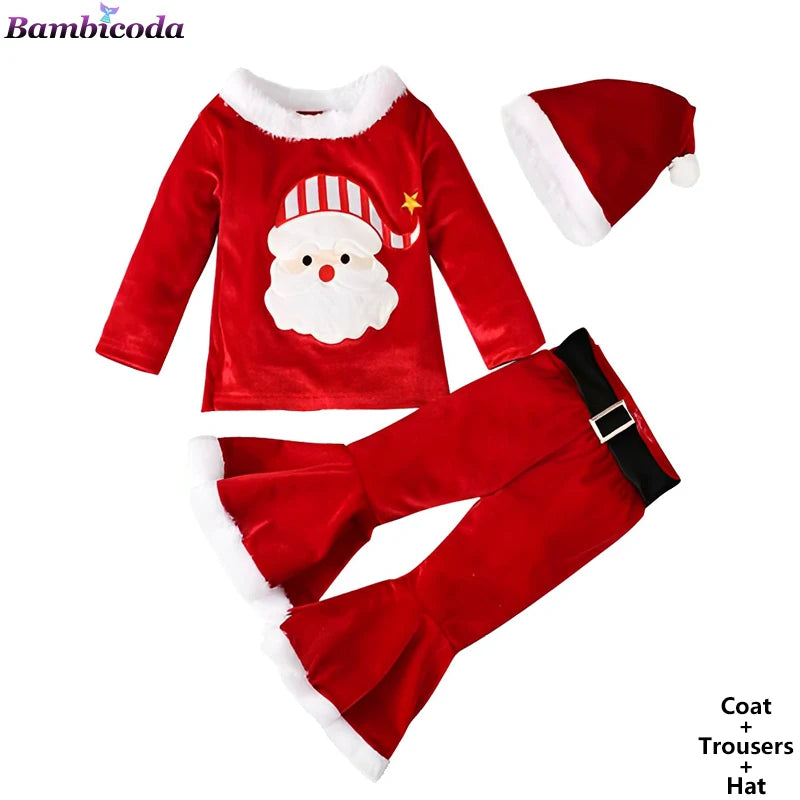 2025 Christmas Santa Claus Outfit Newborn Clothing Sets Winter Fleece Tops+Pants+Hats Baby Girls Clothes Costume Xmas