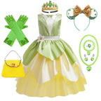 Tiana Costume Girls Cosplay Princess Dress Up Children Carnival Party Vestidos Kids Green Sleeveless Elegant Dresses