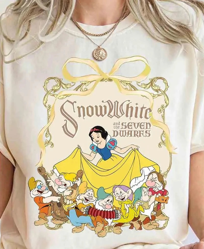 2025 Summer New Enchanting Bow Princess Group Girl Aesthetic T-shirt Cinderella Beauty Long Hair Princess Snow White T-shirt