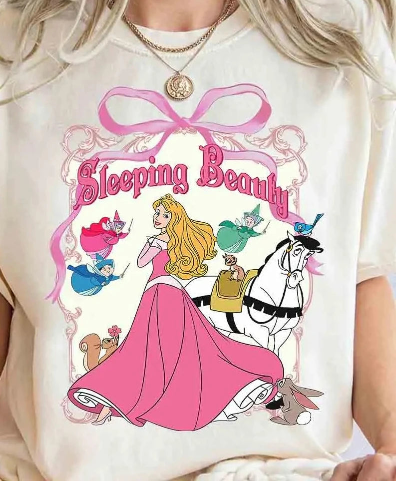 2025 Summer New Enchanting Bow Princess Group Girl Aesthetic T-shirt Cinderella Beauty Long Hair Princess Snow White T-shirt