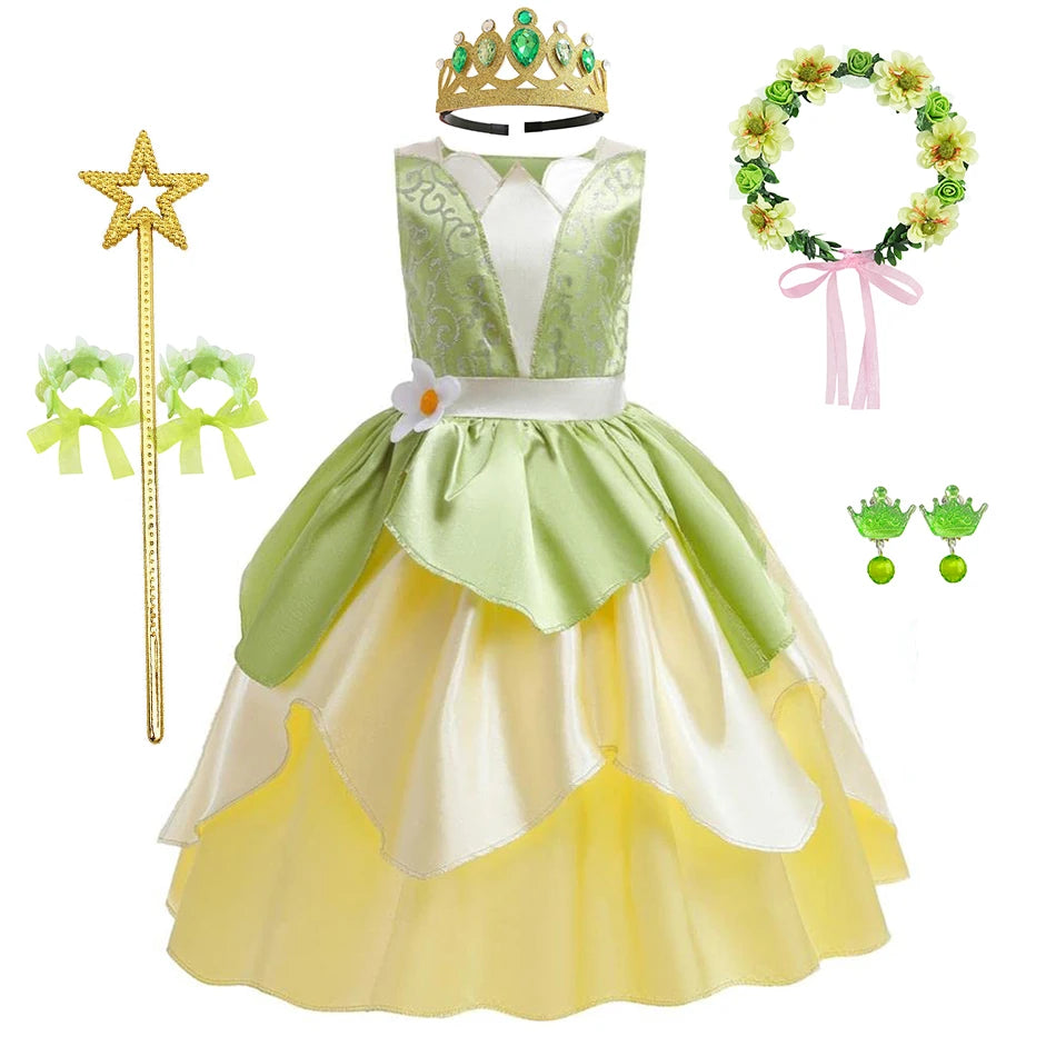 Tiana Costume Girls Cosplay Princess Dress Up Children Carnival Party Vestidos Kids Green Sleeveless Elegant Dresses