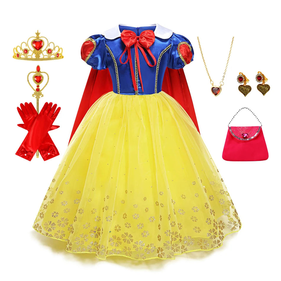 Snow White Costume for Girls Short Sleeve Dress with Cape Tulle Dress Princess Birthday Party Gown