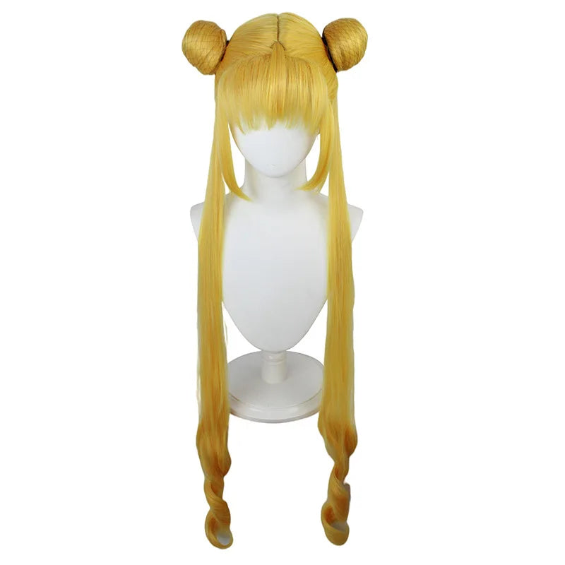 Cosplay Anime Wigs Sailor Moon Tsukino Usagi Long Curly Blonde Double Ponytail Synthetic Cosplay Wig with Rose net