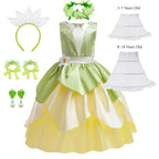 Tiana Costume Girls Cosplay Princess Dress Up Children Carnival Party Vestidos Kids Green Sleeveless Elegant Dresses