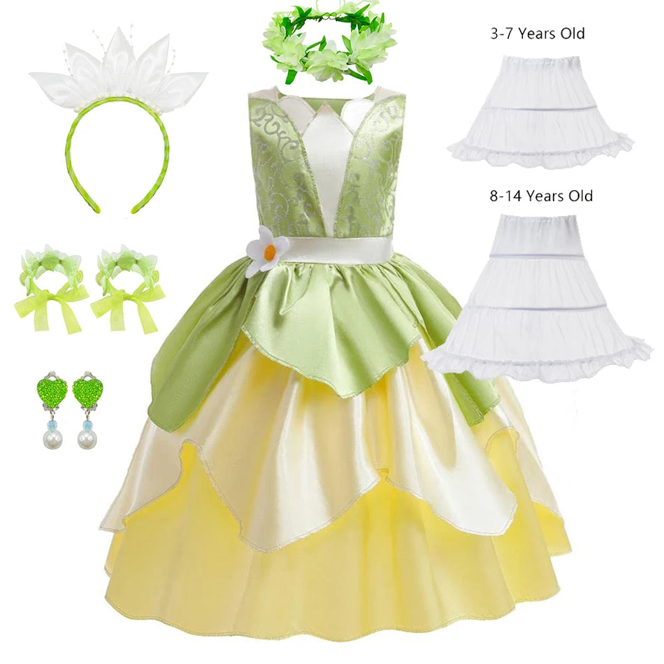Tiana Costume Girls Cosplay Princess Dress Up Children Carnival Party Vestidos Kids Green Sleeveless Elegant Dresses