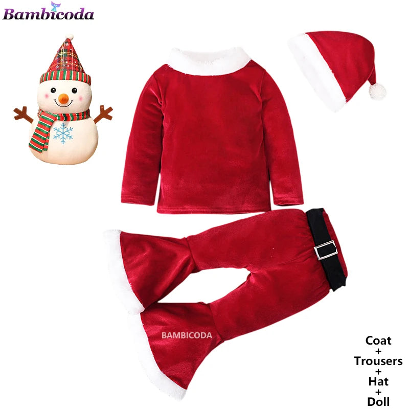 2025 Christmas Santa Claus Outfit Newborn Clothing Sets Winter Fleece Tops+Pants+Hats Baby Girls Clothes Costume Xmas