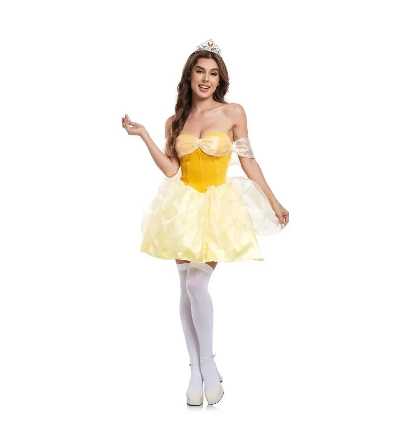 Halloween Beauty and the Beast Costume Women's Sexy Yellow Belle Princess Cosplay Carnival Party Fancy Dress Up
