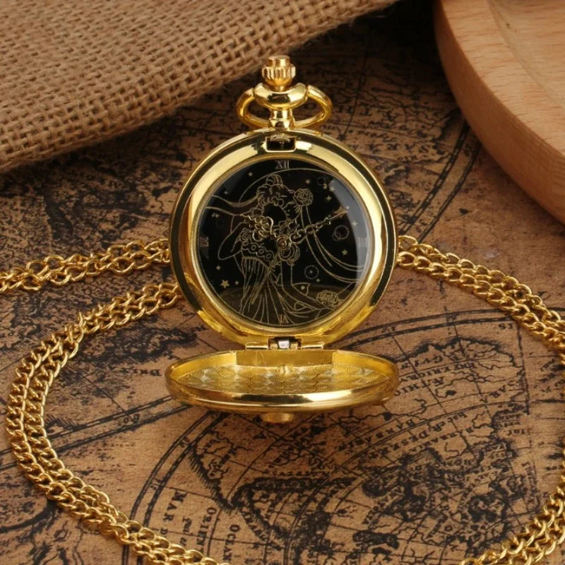 Sailor Moon Vintage Pocket Watch Anime Figures Tsukino Usagi Cosplay Quartz Pocket Watches Halloween Pendant Necklace Watches