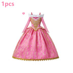 Kids Aurora Dress Cosplay Princess Dress Long Sleeve Sliding Shoulder Cake Dress Pink Girls Carnival Party Evening Dress