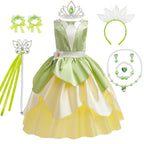 Tiana Costume Girls Cosplay Princess Dress Up Children Carnival Party Vestidos Kids Green Sleeveless Elegant Dresses