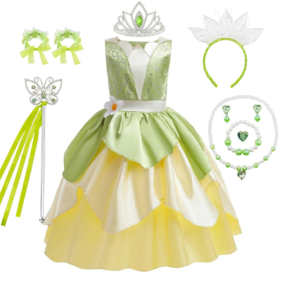 Tiana Costume Girls Cosplay Princess Dress Up Children Carnival Party Vestidos Kids Green Sleeveless Elegant Dresses