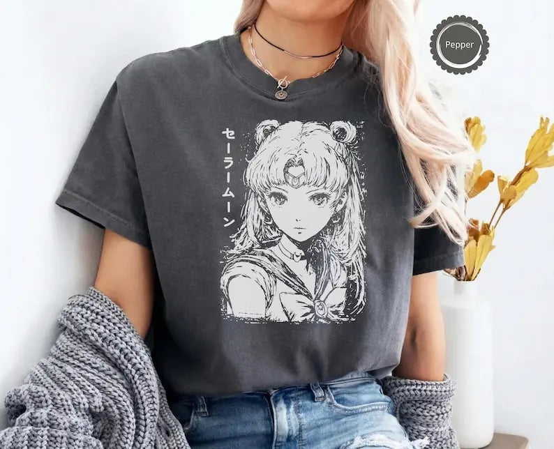 Anime "Sailor Moon" Retro Pattern Summer Cotton T-shirt for Both Men and Women, Street Casual Trendy Short-sleeved Design