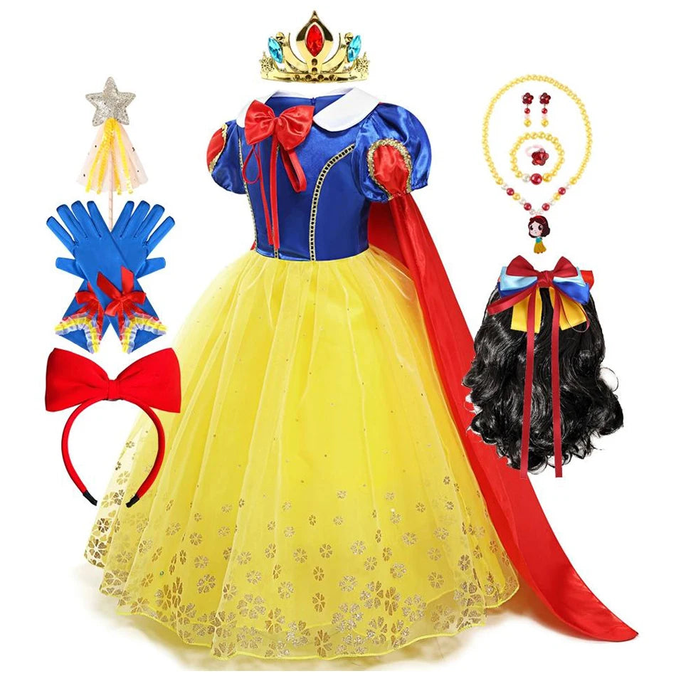 Snow White Costume for Girls Short Sleeve Dress with Cape Tulle Dress Princess Birthday Party Gown