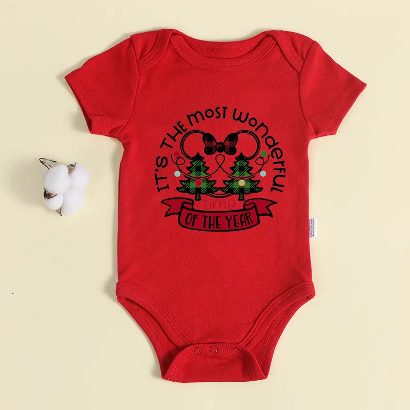 Christmas Newborn Baby Red Romper 100% Cotton Baby Mickey Print Infant Outfit Baby Girls Boys Bodysuit Disney Clothes Xmas Gift