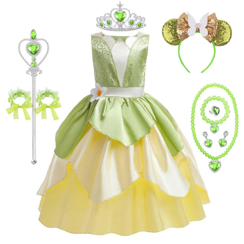 Tiana Costume Girls Cosplay Princess Dress Up Children Carnival Party Vestidos Kids Green Sleeveless Elegant Dresses