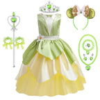 Tiana Costume Girls Cosplay Princess Dress Up Children Carnival Party Vestidos Kids Green Sleeveless Elegant Dresses