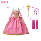Kids Aurora Dress Cosplay Princess Dress Long Sleeve Sliding Shoulder Cake Dress Pink Girls Carnival Party Evening Dress