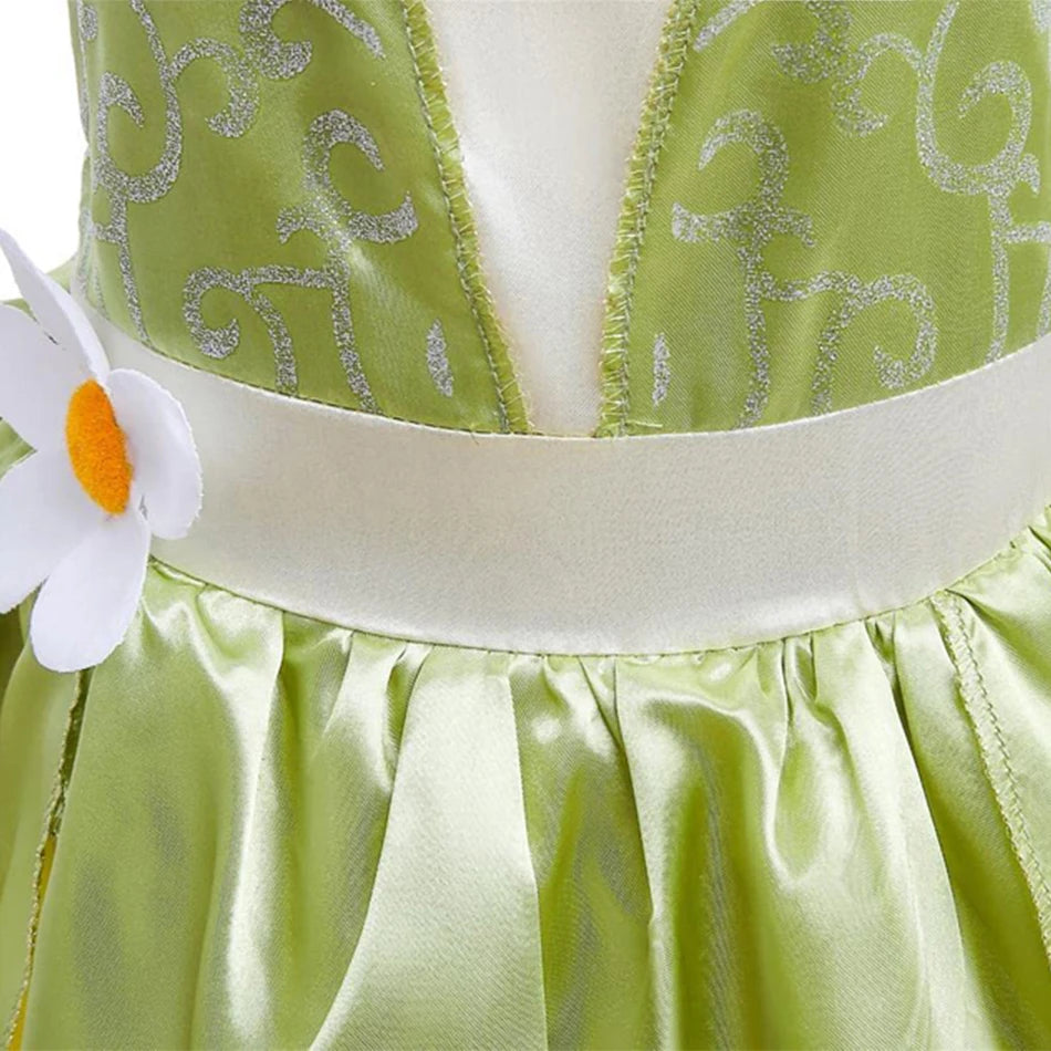 Tiana Costume Girls Cosplay Princess Dress Up Children Carnival Party Vestidos Kids Green Sleeveless Elegant Dresses