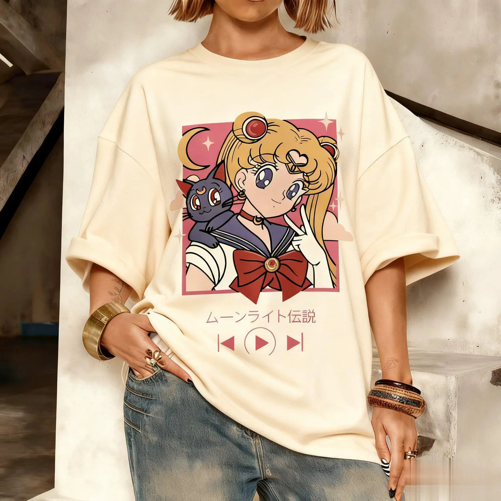 2026 New Year's New Street Wear Kawaii Sailor Moon Pattern T-shirt Men's and Women's Printed Summer Fashion Y2k Clothing