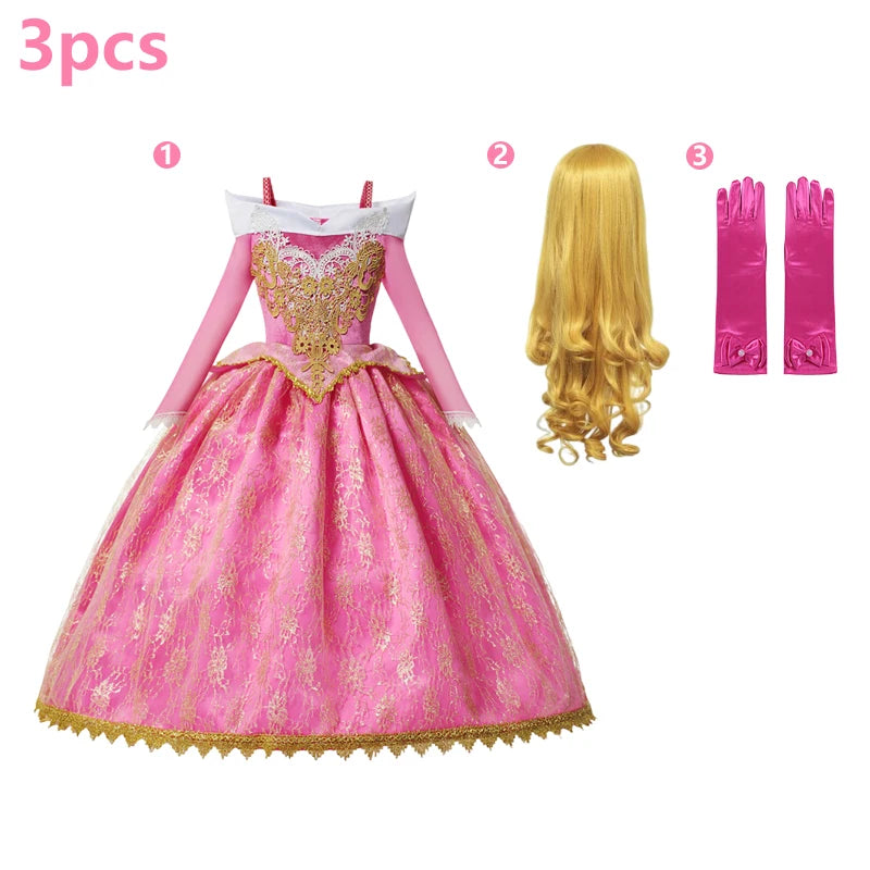 Kids Aurora Dress Cosplay Princess Dress Long Sleeve Sliding Shoulder Cake Dress Pink Girls Carnival Party Evening Dress