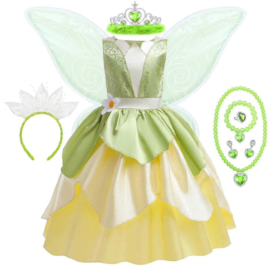 Tiana Costume Girls Cosplay Princess Dress Up Children Carnival Party Vestidos Kids Green Sleeveless Elegant Dresses