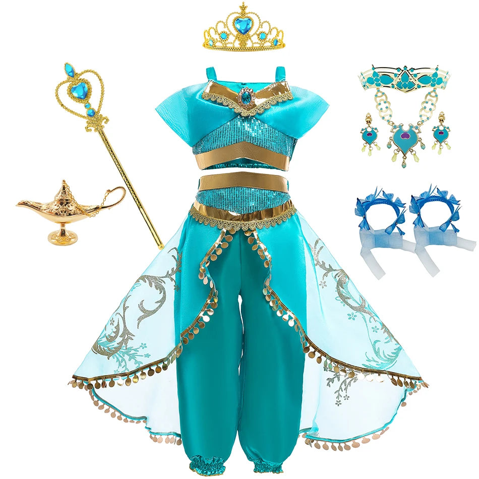 Jasmine Princess Cosplay Costume Girl Jasmine Sets Cartoon Children Birthday Party Gift Halloween Fantasy Outfits