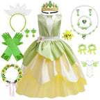 Tiana Costume Girls Cosplay Princess Dress Up Children Carnival Party Vestidos Kids Green Sleeveless Elegant Dresses