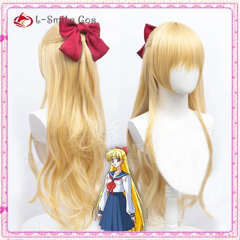 Sailor Venus Cosplay Wigs Minako Aino Cosplay Wig Blonde Loose Wave Long Heat Resistant Synthetic Hair Wig + Wig Cap