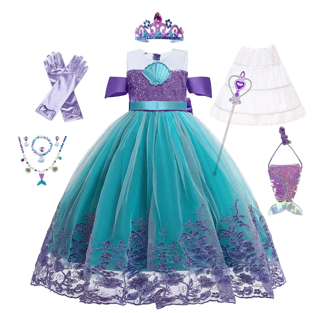 Cute Girl Princess Little Mermaid Ariel Dress Kids Cosplay Costume Children Halloween Birthday Party Clothes Summer Dress Girl