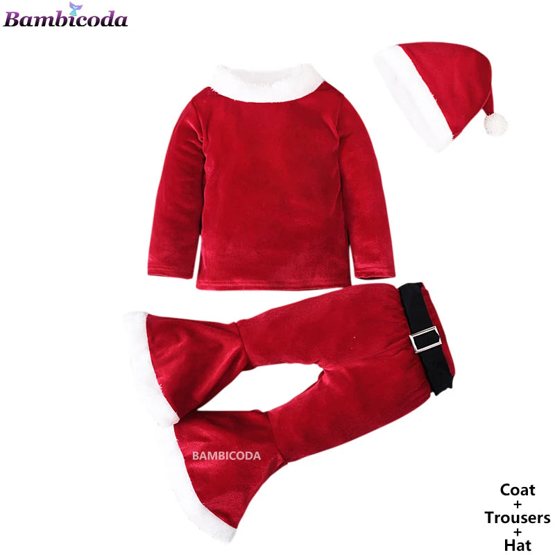 2025 Christmas Santa Claus Outfit Newborn Clothing Sets Winter Fleece Tops+Pants+Hats Baby Girls Clothes Costume Xmas