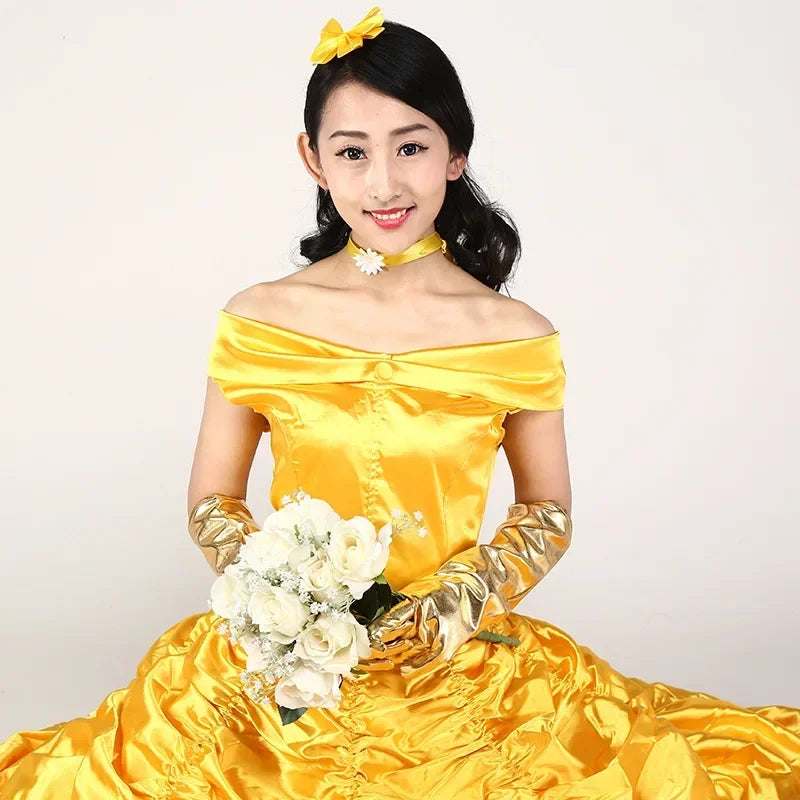 New adults cosplay womens princess ball gown beauty and the beast belle costume for dress yellow gown fancy women