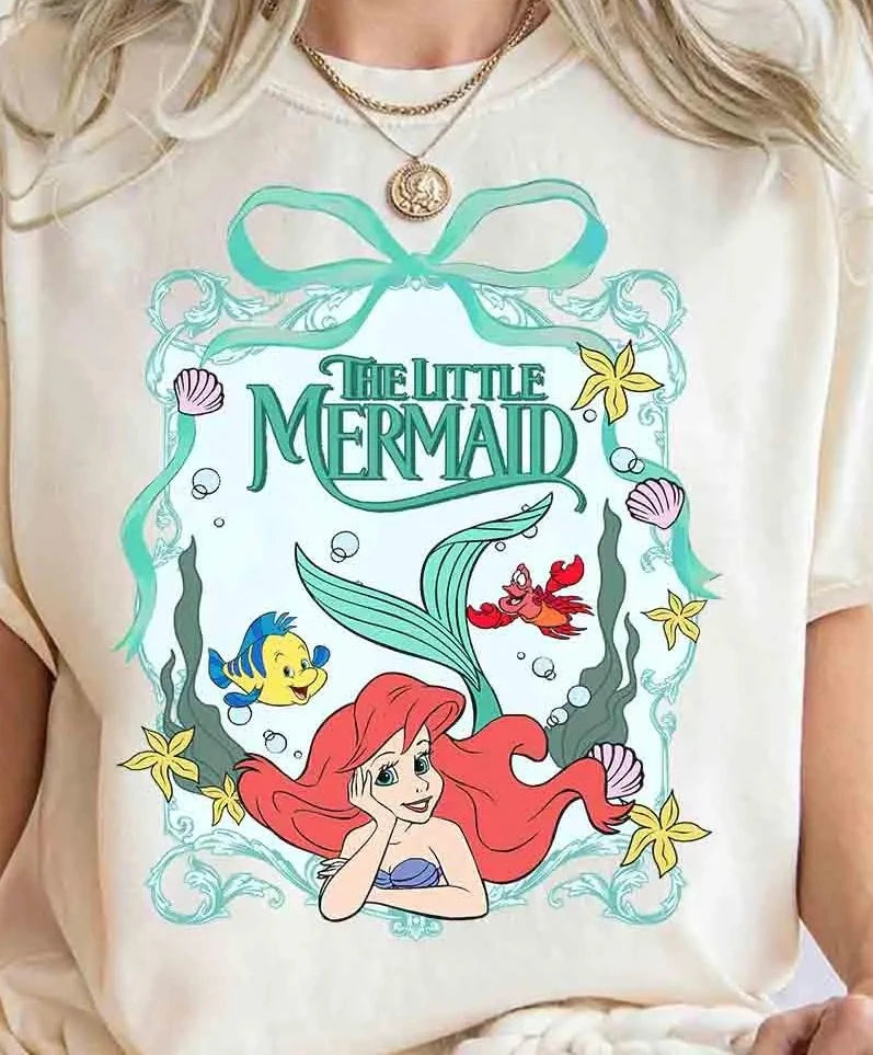 2025 Summer New Enchanting Bow Princess Group Girl Aesthetic T-shirt Cinderella Beauty Long Hair Princess Snow White T-shirt