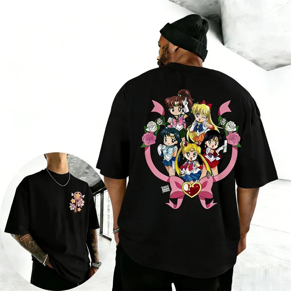 Unisex Pure Cotton T-shirt Sailor Moon Tsukino Usagi 2026 Summer New Item Harajuku Anime Printed Loose Family Short Sleeved Top
