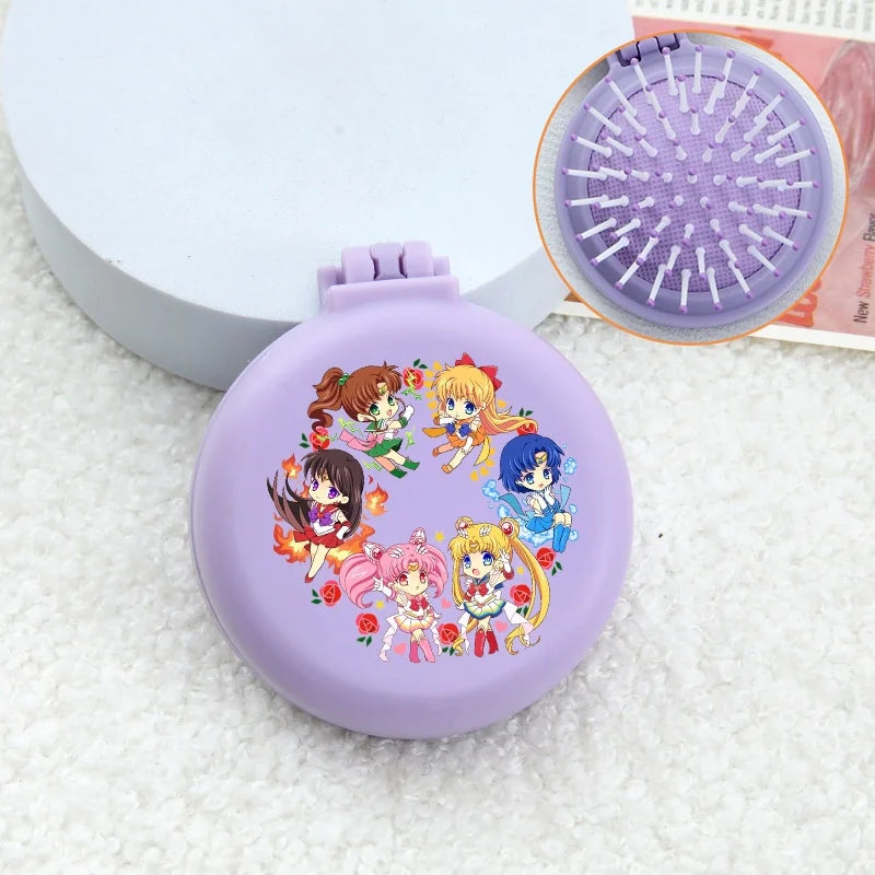 Sailor Moon Anime  Mini Folding Hair Brush with Mirror Portable Travel Comb for Women Lightweight Outdoor Use Hand Washable Gift