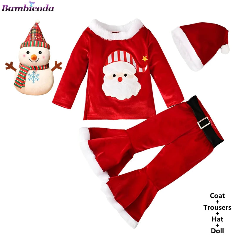 2025 Christmas Santa Claus Outfit Newborn Clothing Sets Winter Fleece Tops+Pants+Hats Baby Girls Clothes Costume Xmas