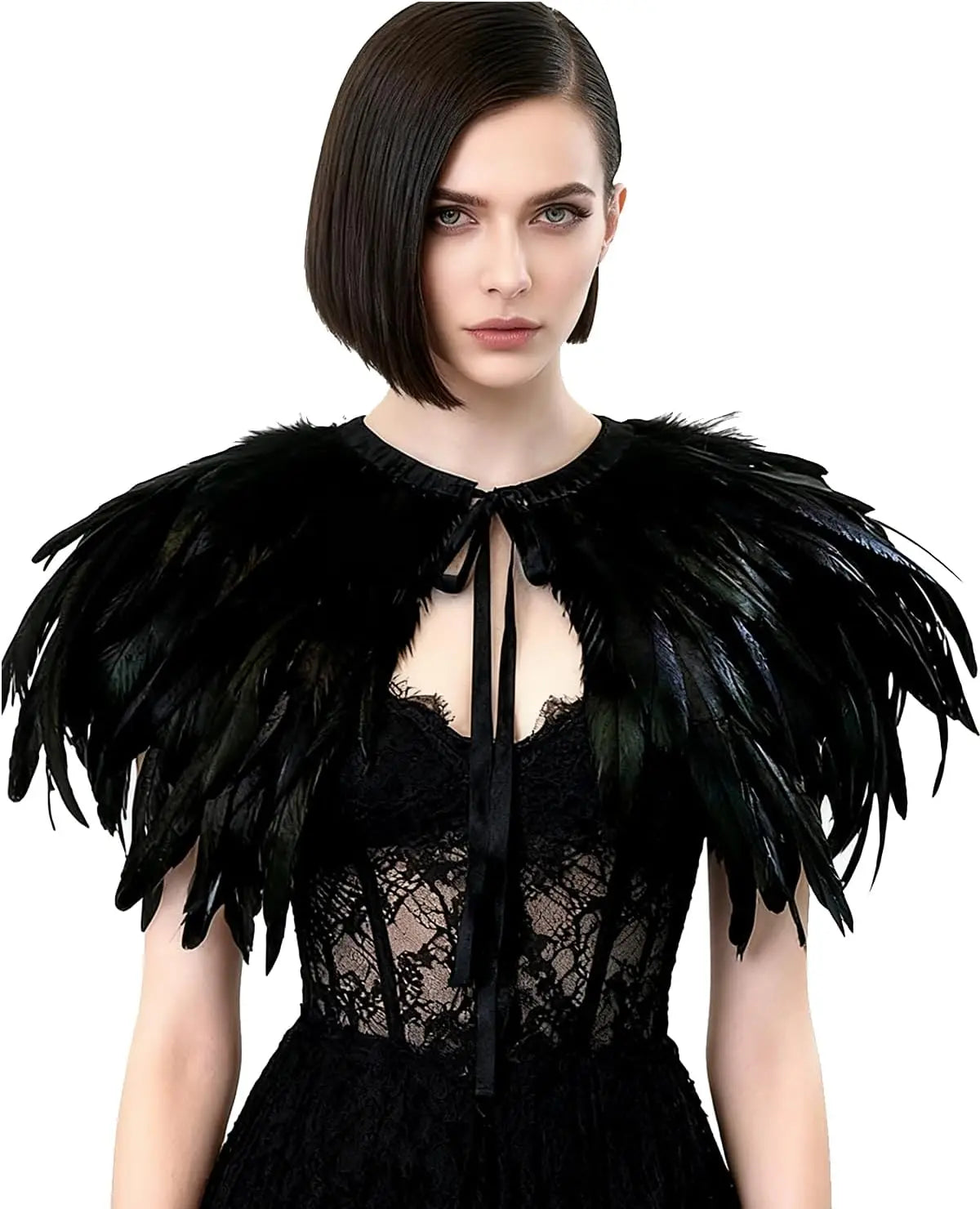 Witch's genuine feather shawl cloak with lace collar, suitable for all kinds of festival activities, witch costume.