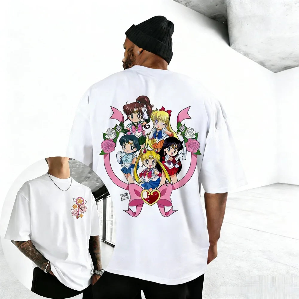 Unisex Pure Cotton T-shirt Sailor Moon Tsukino Usagi 2026 Summer New Item Harajuku Anime Printed Loose Family Short Sleeved Top